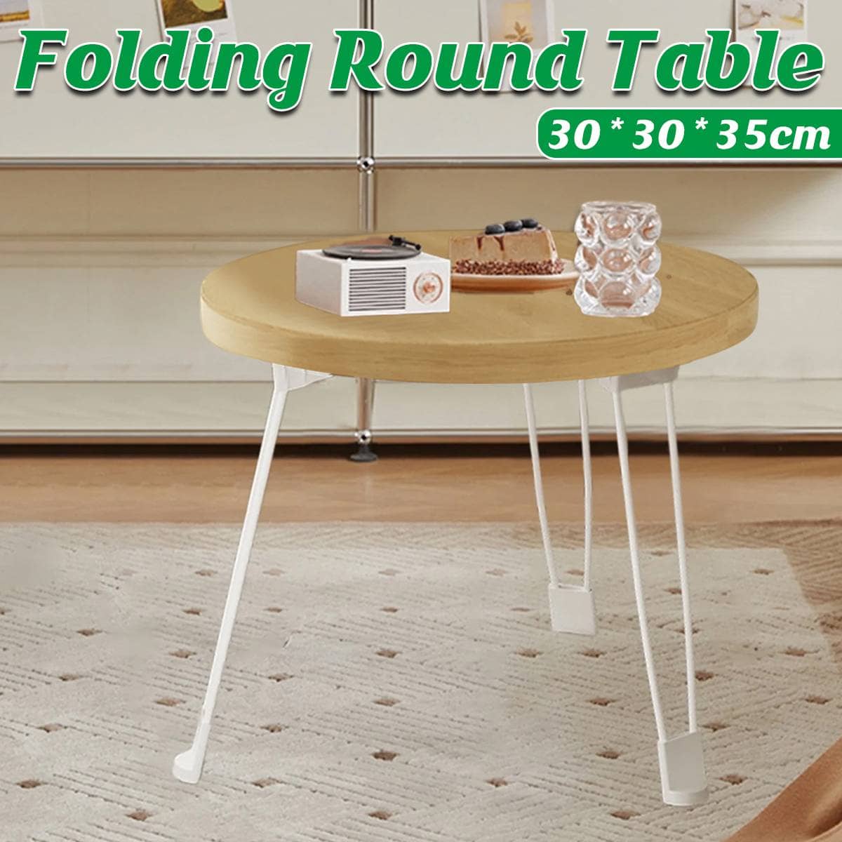 Foldable Round Side Table, Wood-Look Top with Steel Legs, Waterproof
