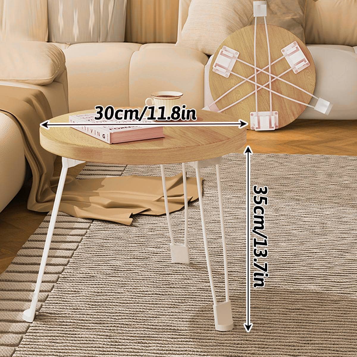 Foldable Round Side Table, Wood-Look Top with Steel Legs, Waterproof - view 3