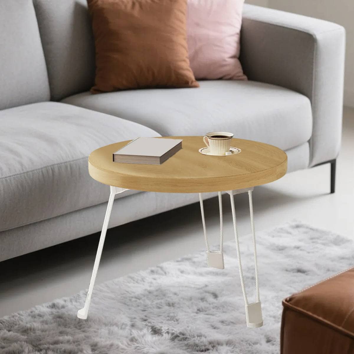 Foldable Round Side Table, Wood-Look Top with Steel Legs, Waterproof - view 4