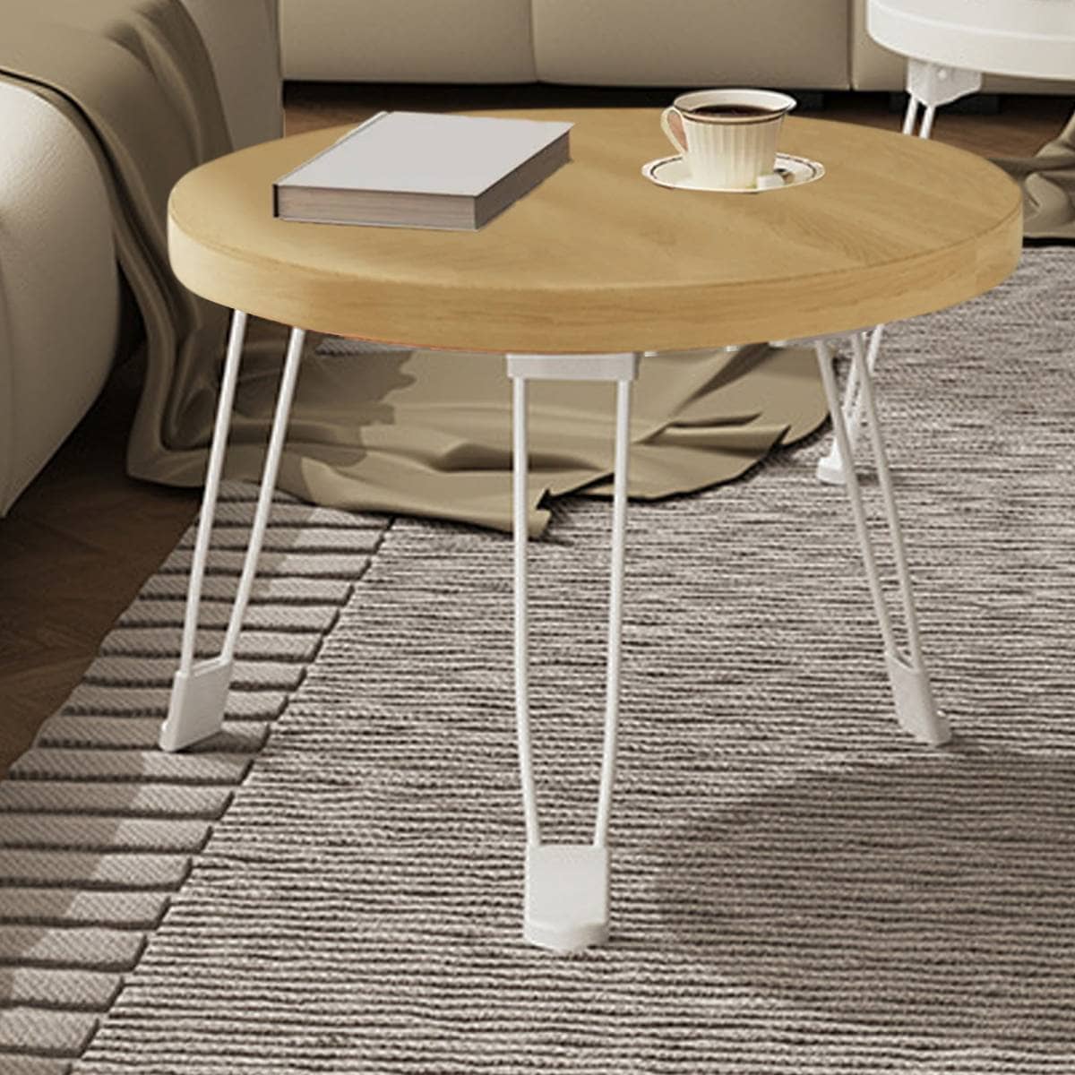 Foldable Round Side Table, Wood-Look Top with Steel Legs, Waterproof - view 5