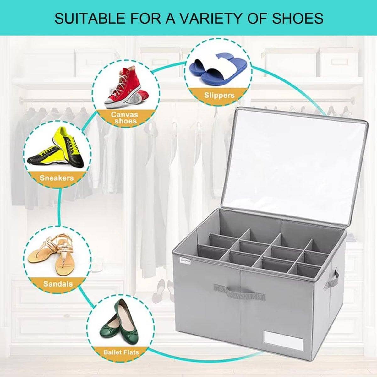 Foldable Shoe Box Organiser with Adjustable Dividers for Shoe Storage - view 5