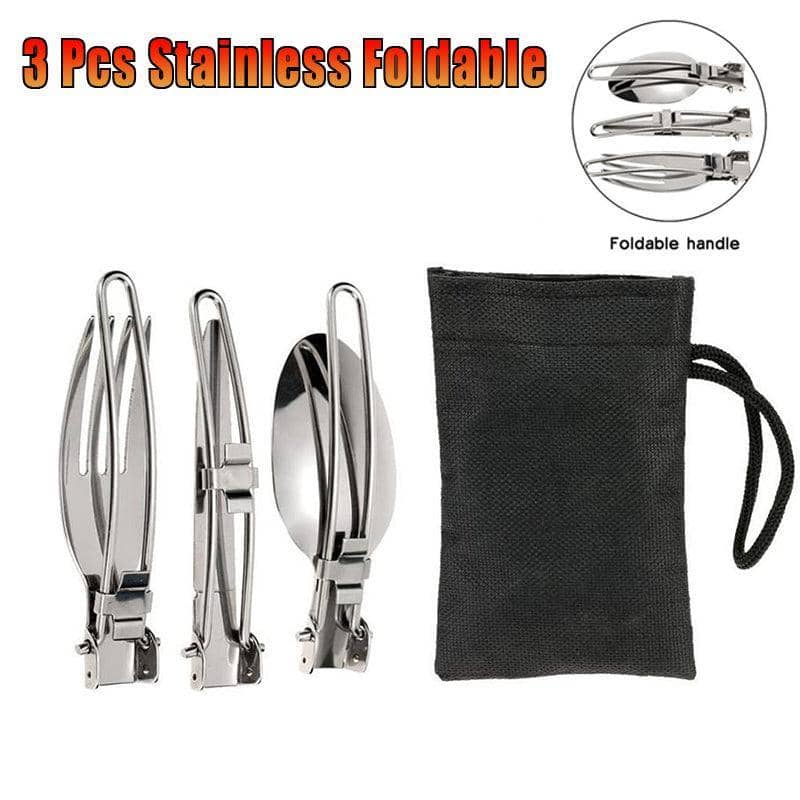 Foldable Stainless Steel Camping Cutlery Set, 3 Piece Knife, Spoon and Fork, Silver