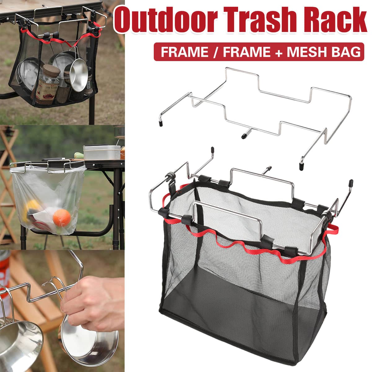 Foldable Stainless Steel Rubbish Bag Rack for Camping - Frame with Mesh Bag - view 2