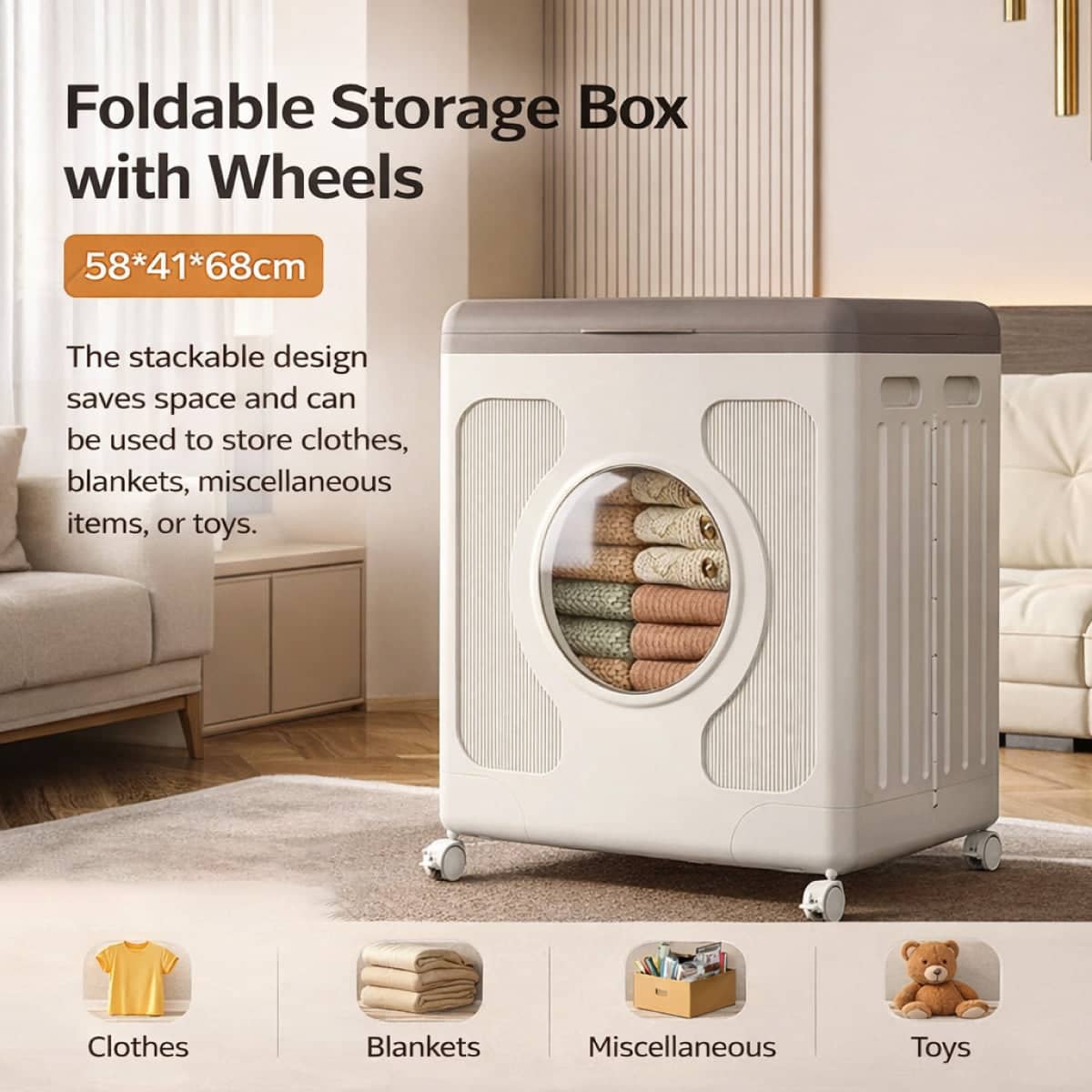 Foldable Storage Box with Wheels, Large Capacity Clothes Organiser 58 x 41 x 68 cm