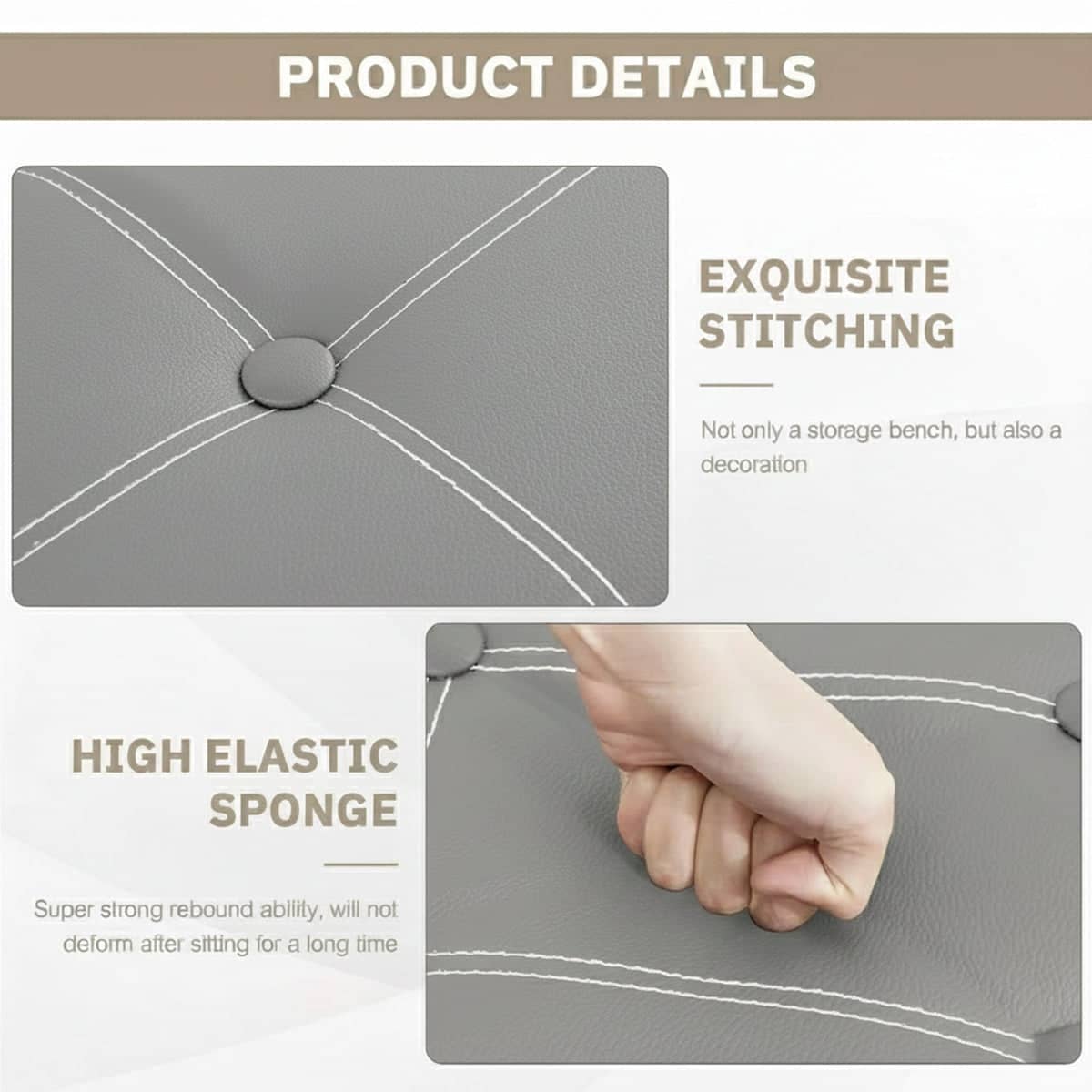 Foldable Storage Ottoman Bench 110 L - Grey Faux Leather, 76 x 38 x 38 cm - view 5