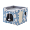 Foldable Two-Tier Cat Bed with Scratcher - Blue Cloud Print