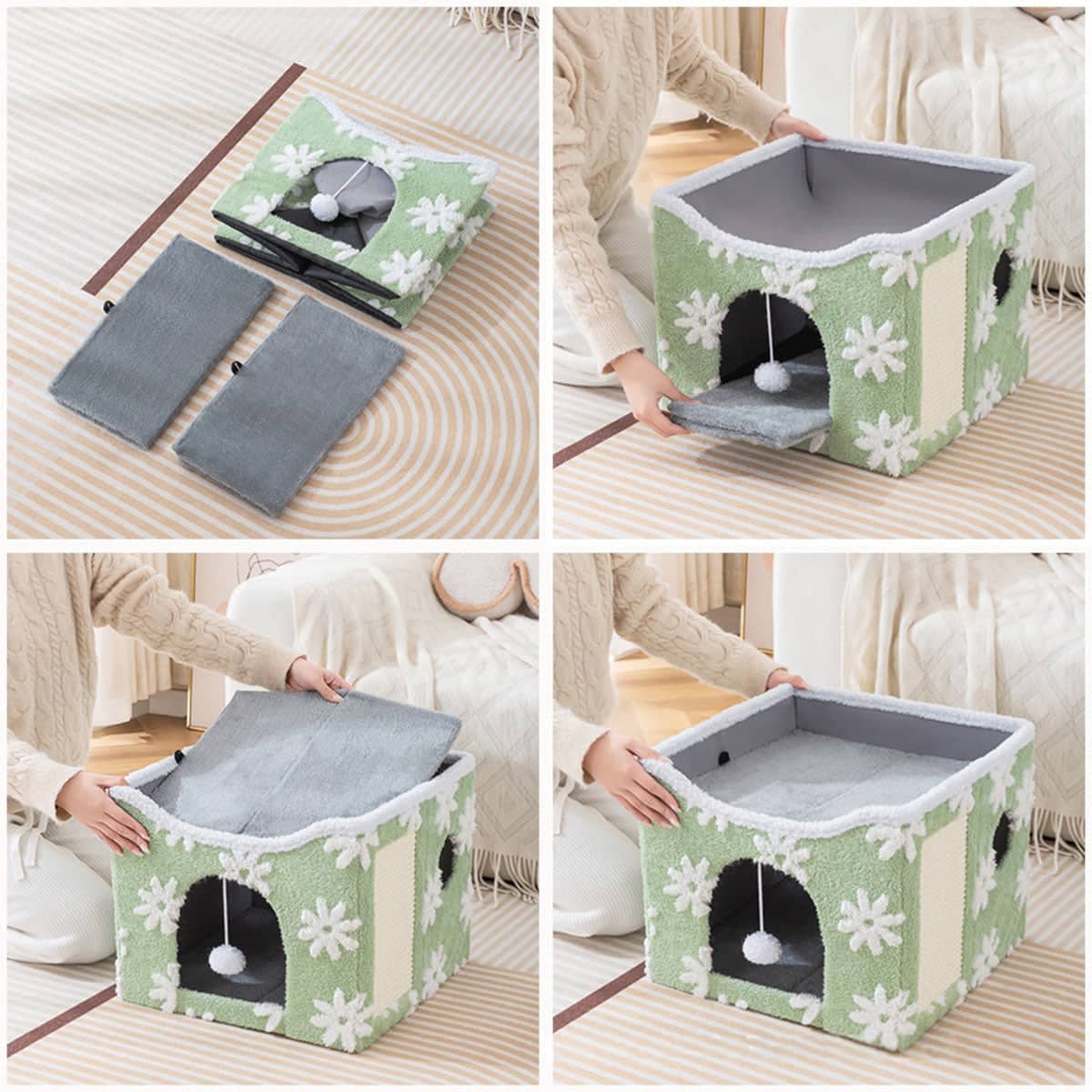 Foldable Two-Tier Cat Bed with Scratcher - Blue Cloud Print - view 5
