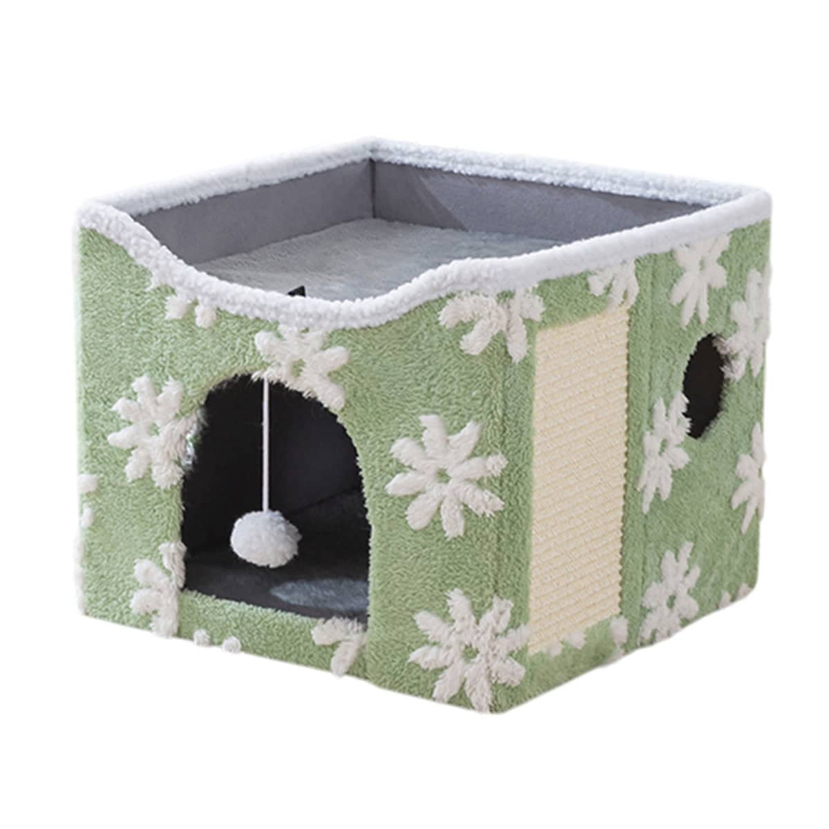 Foldable Two-Tier Cat Bed with Scratcher - Green Flower Print