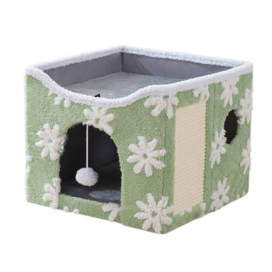 Foldable Two-Tier Cat Bed with Scratcher - Green Flower Print