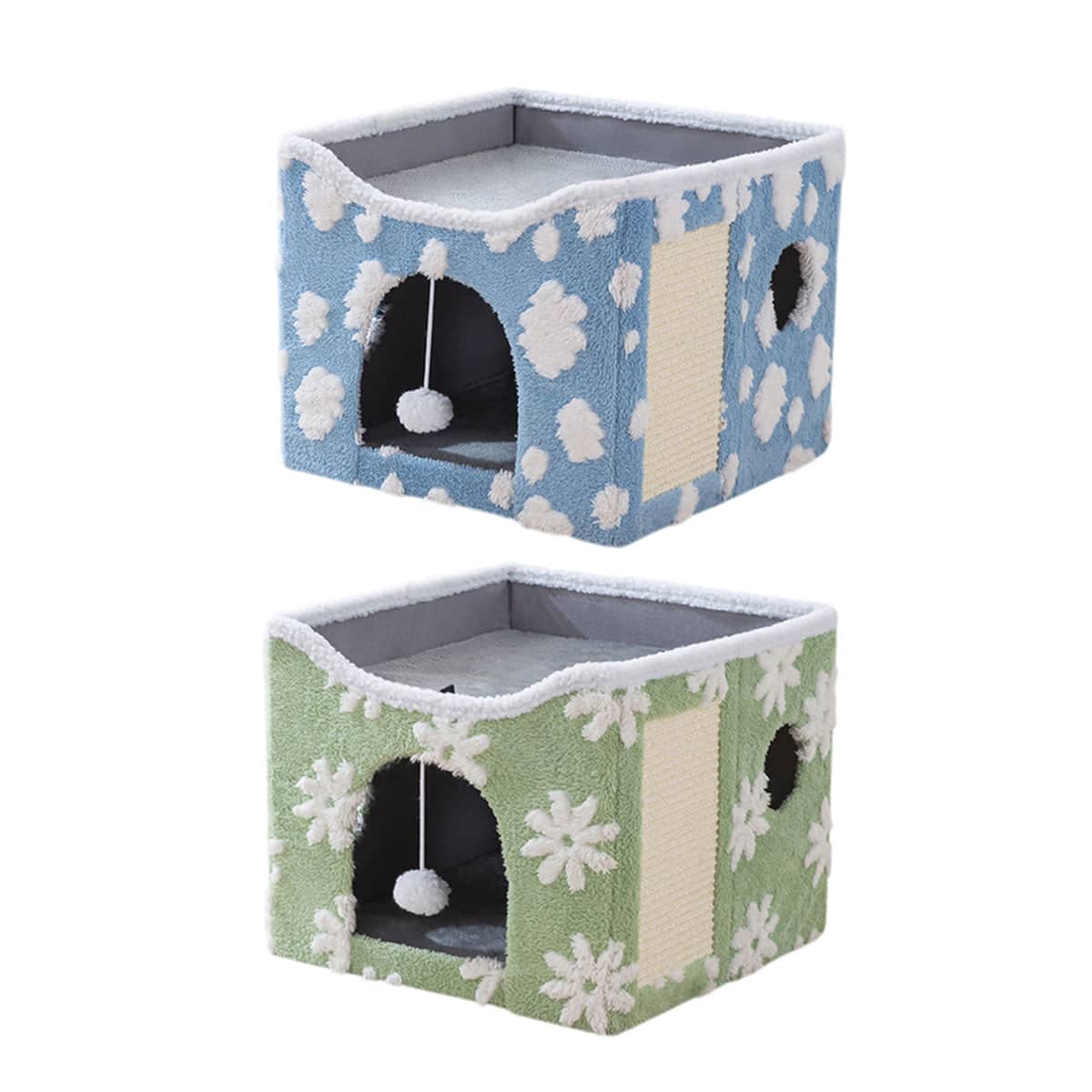 Foldable Two-Tier Cat Bed with Scratcher - Green Flower Print - view 3