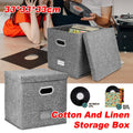 Foldable Vinyl Record Storage Box with Lid, Grey Linen Fabric