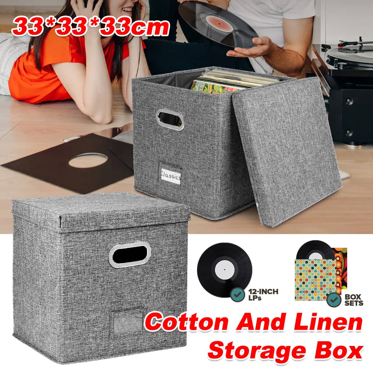 Foldable Vinyl Record Storage Box with Lid, Grey Linen Fabric