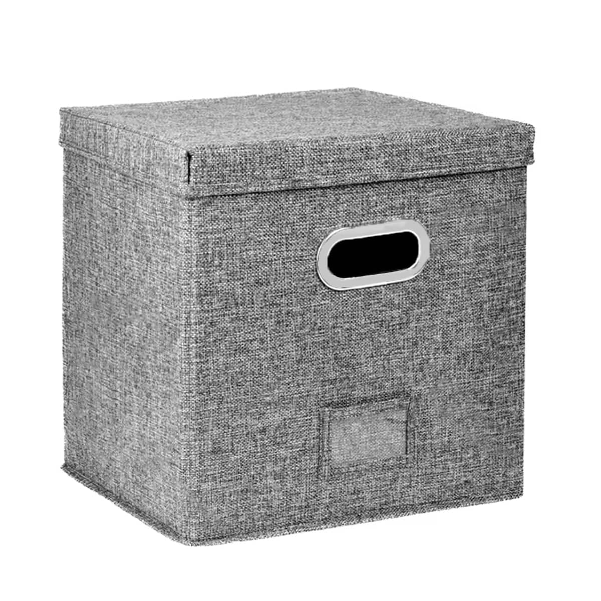 Foldable Vinyl Record Storage Box with Lid, Grey Linen Fabric - view 2