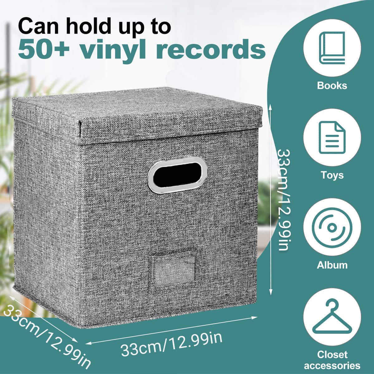 Foldable Vinyl Record Storage Box with Lid, Grey Linen Fabric - view 3