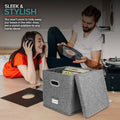 Foldable Vinyl Record Storage Box with Lid, Grey Linen Fabric - view 4