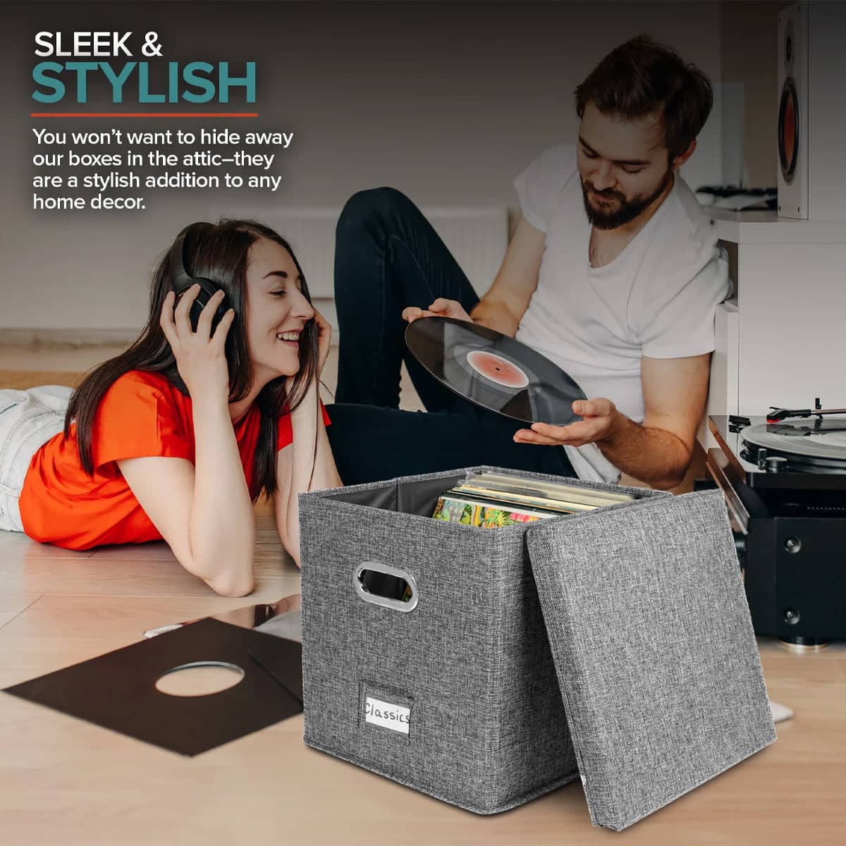 Foldable Vinyl Record Storage Box with Lid, Grey Linen Fabric - view 4