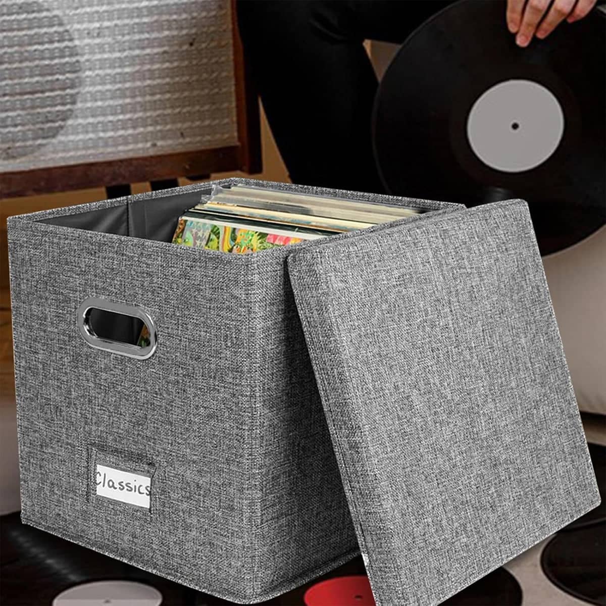 Foldable Vinyl Record Storage Box with Lid, Grey Linen Fabric - view 5