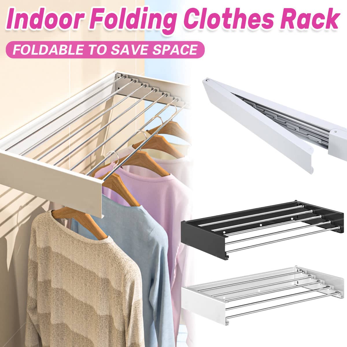 Foldable Wall Mounted Clothes Drying Rack, Balcony Towel Laundry Rack - White - view 2