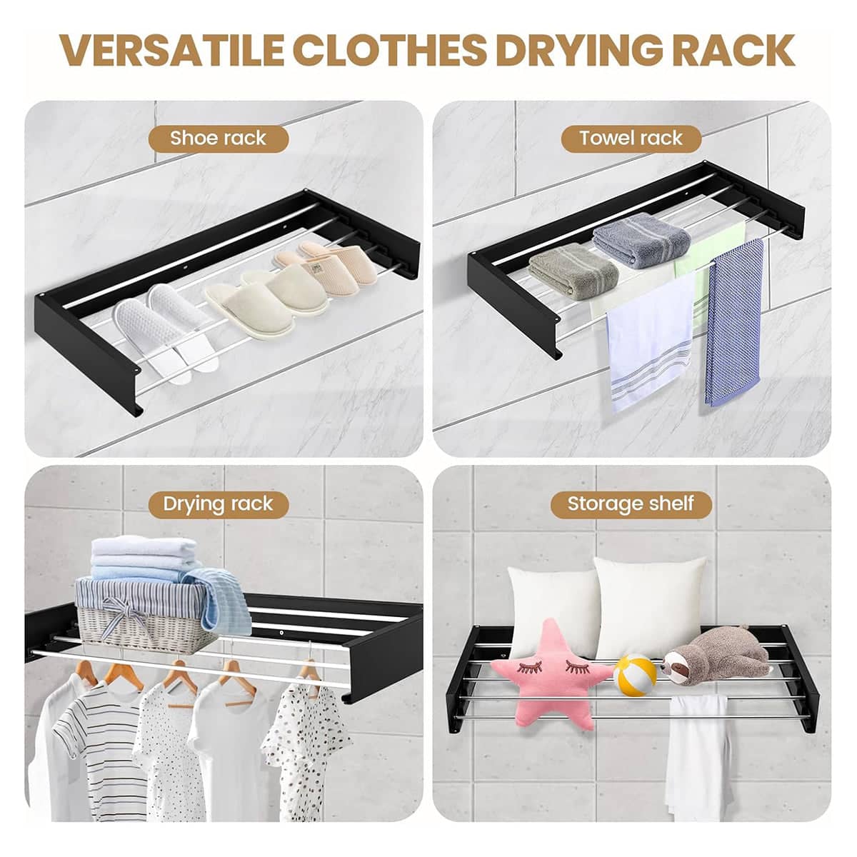 Foldable Wall Mounted Clothes Drying Rack, Balcony Towel Laundry Rack - White - view 5