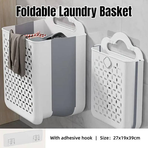Foldable Wall Mounted Laundry Basket with Adhesive Hooks for Bathroom