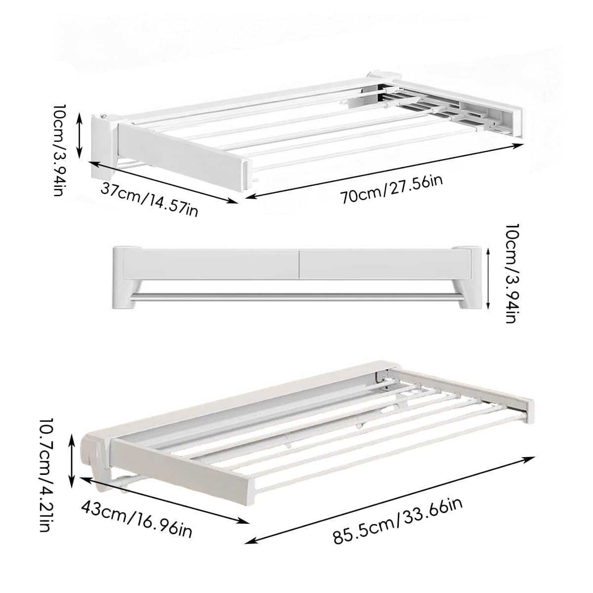 Foldable Wall Mounted Laundry Clothes Rack, No Drill for Balcony - 70 x 37 x 10 cm - view 4
