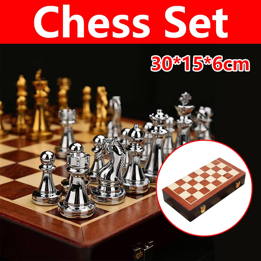 Foldable Wooden Chess Set with Weighted Gold and Silver Pieces