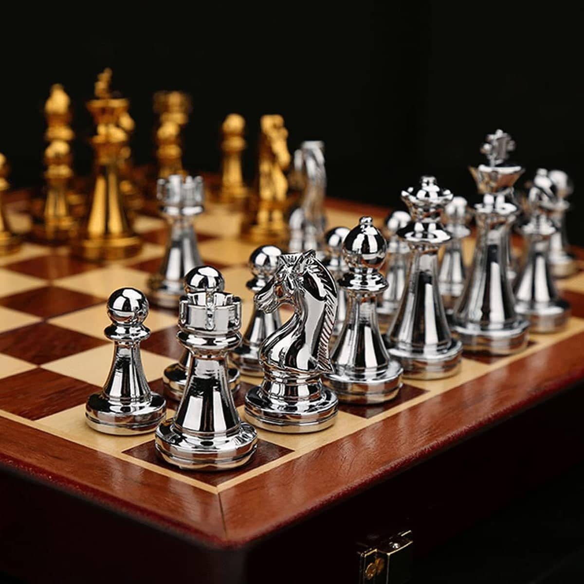 Foldable Wooden Chess Set with Weighted Gold and Silver Pieces - view 4