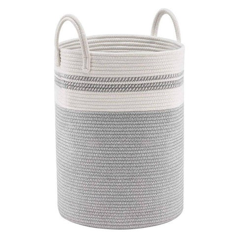 Foldable Woven Cotton Rope Storage Basket with Handles - White and Grey