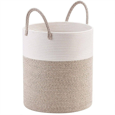 Foldable Woven Cotton Rope Storage Basket with Handles - White and Light Brown