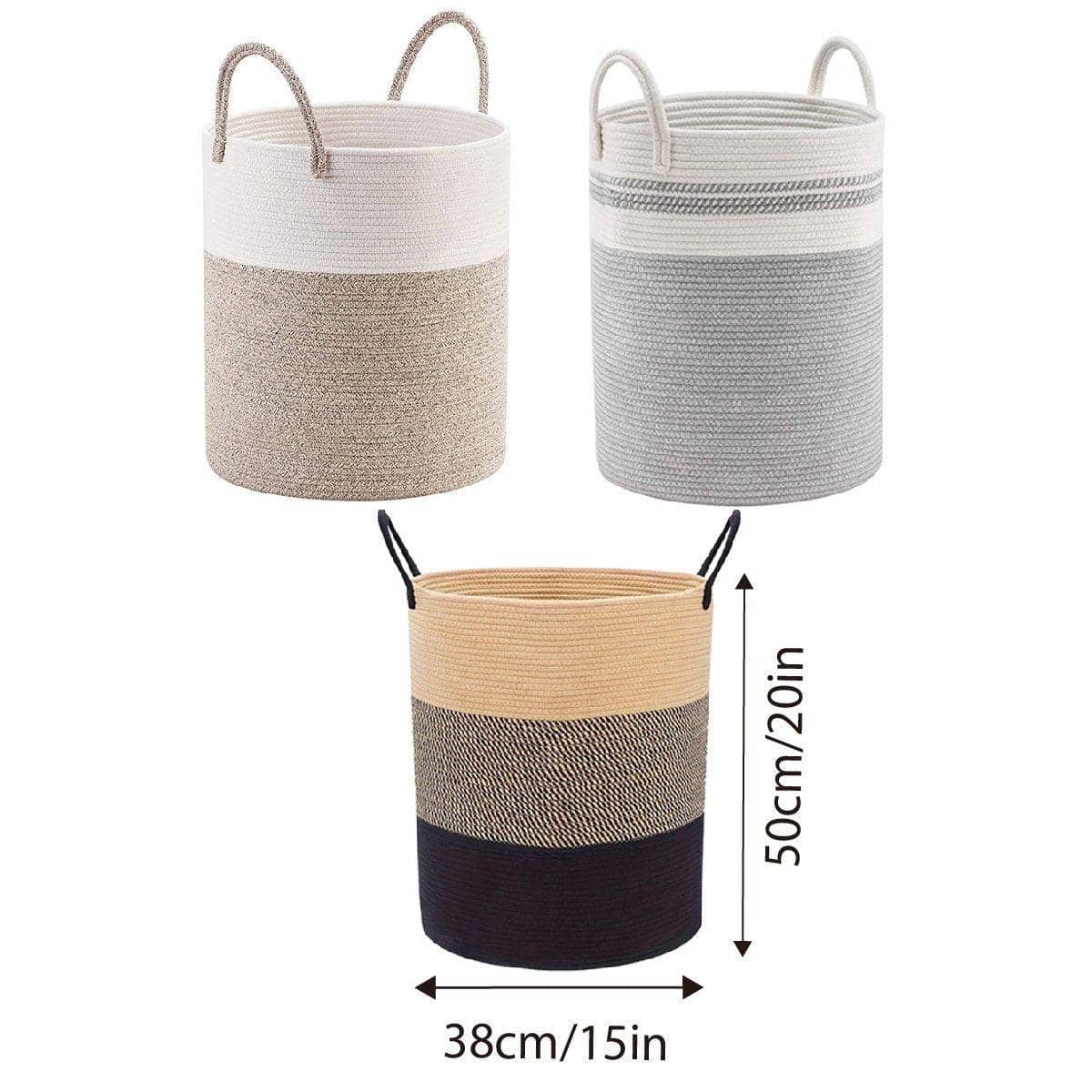 Foldable Woven Cotton Rope Storage Basket with Handles - White and Light Brown - view 4