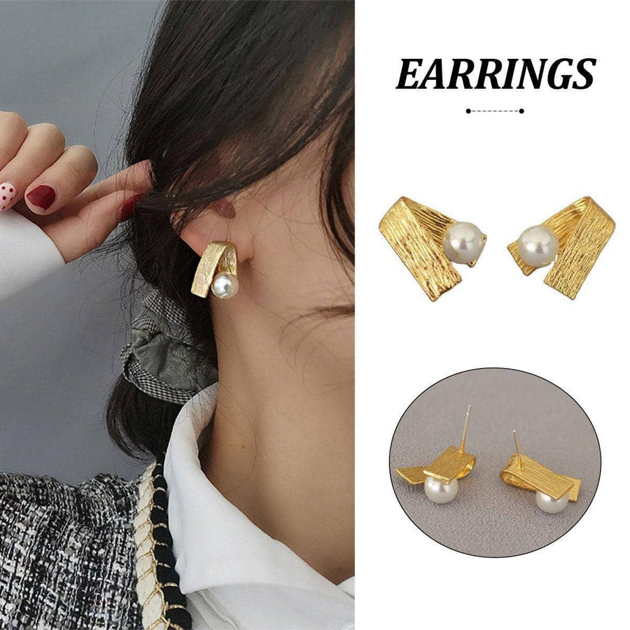 Folded Brushed Metal Stud Earrings with Pearl Accent, Simple Elegant Jewellery for Women