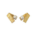 Folded Brushed Metal Stud Earrings with Pearl Accent, Simple Elegant Jewellery for Women - view 2