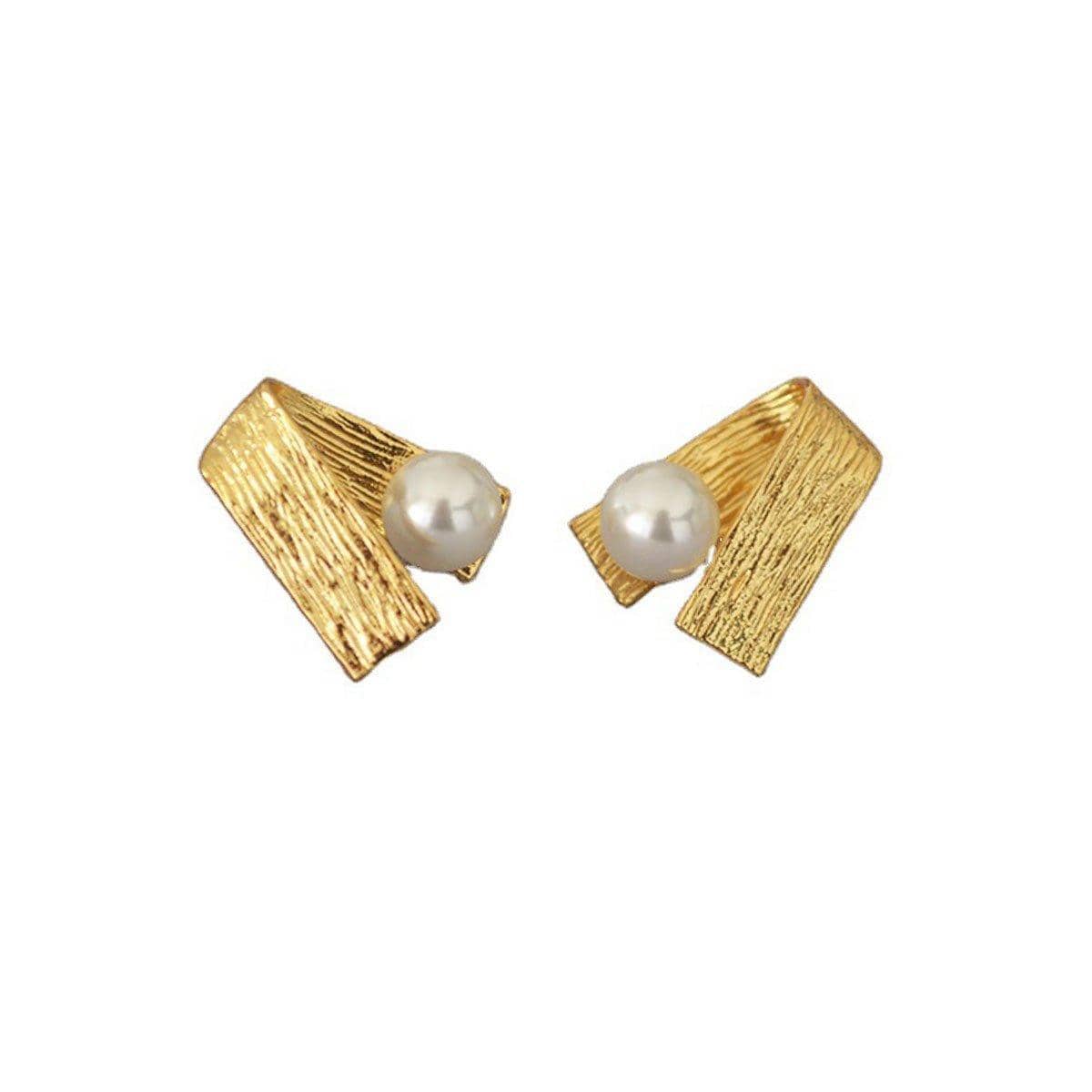 Folded Brushed Metal Stud Earrings with Pearl Accent, Simple Elegant Jewellery for Women - view 2