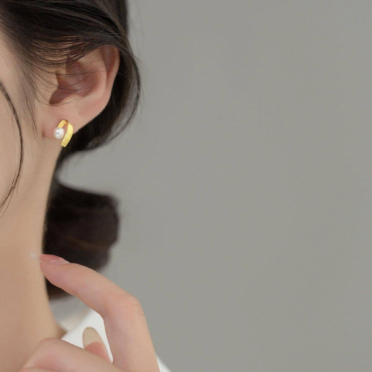 Folded Brushed Metal Stud Earrings with Pearl Accent, Simple Elegant Jewellery for Women - view 4