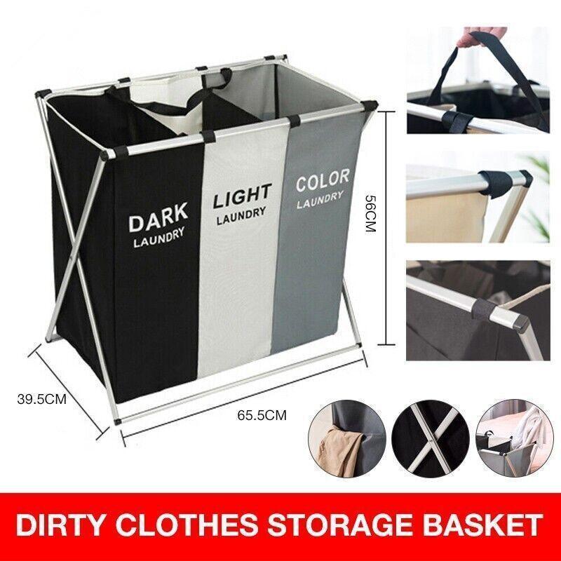 Folding 3 Section Laundry Hamper Sorter, Oxford Cloth and Aluminium Frame