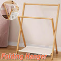 Folding Bamboo Clothes Rack with Fabric Shelf, Freestanding Garment Stand
