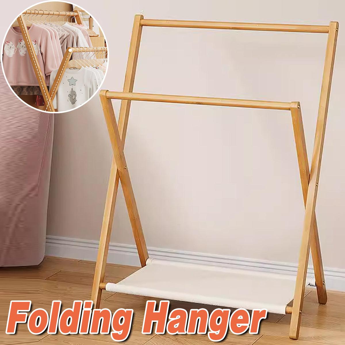 Folding Bamboo Clothes Rack with Fabric Shelf, Freestanding Garment Stand