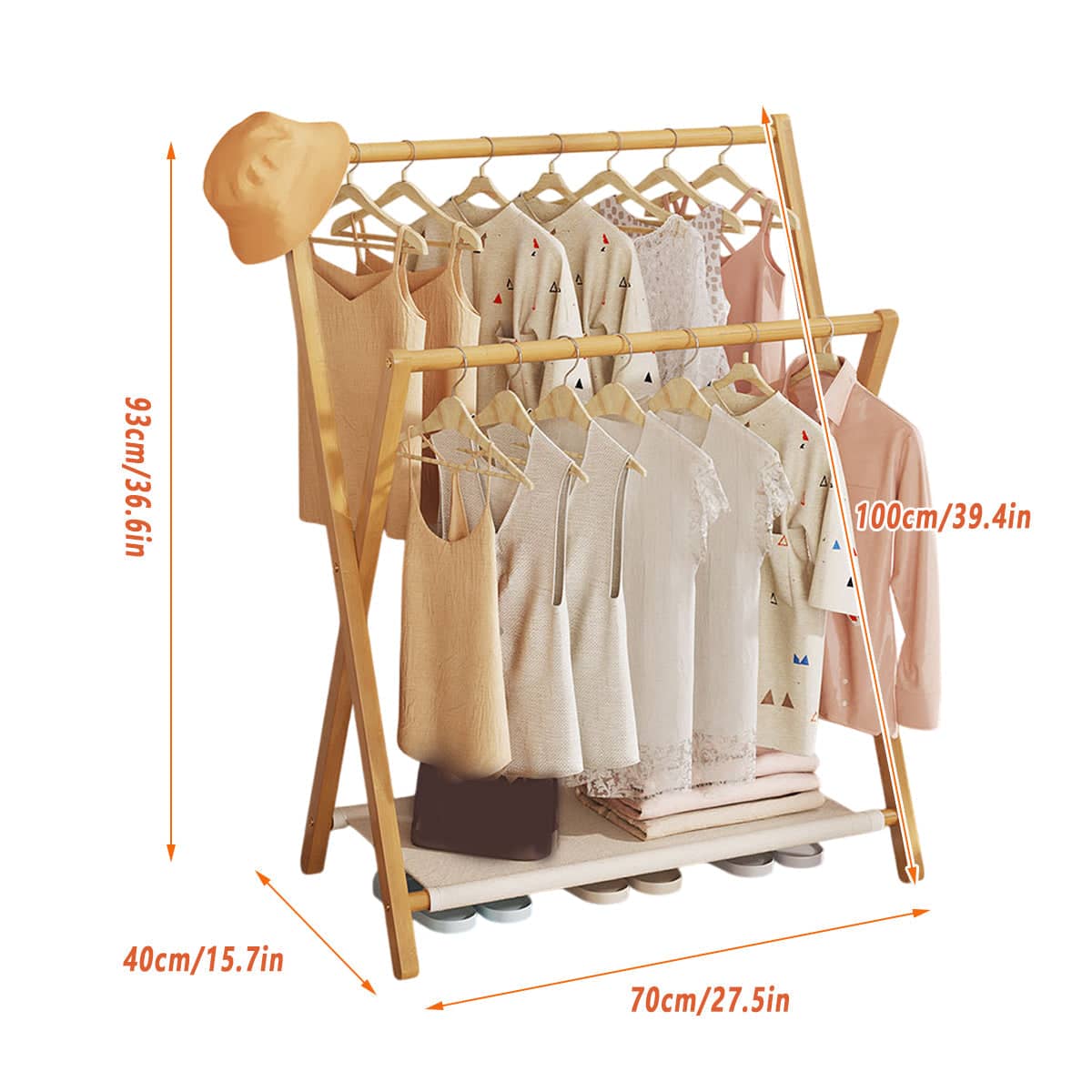 Folding Bamboo Clothes Rack with Fabric Shelf, Freestanding Garment Stand - view 3