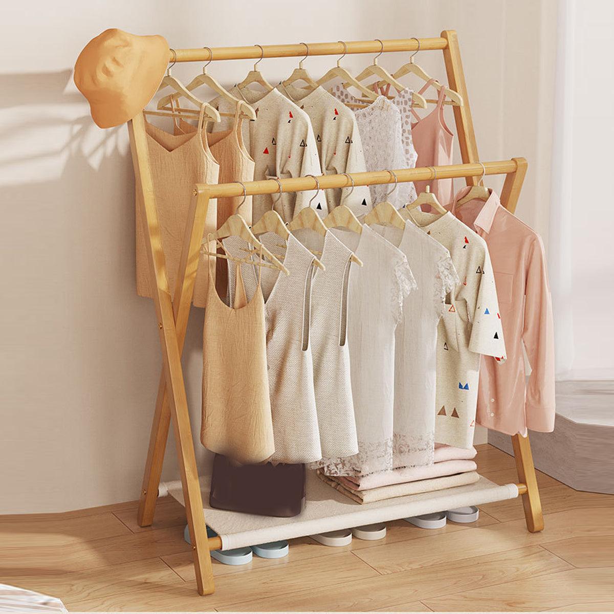 Folding Bamboo Clothes Rack with Fabric Shelf, Freestanding Garment Stand - view 4