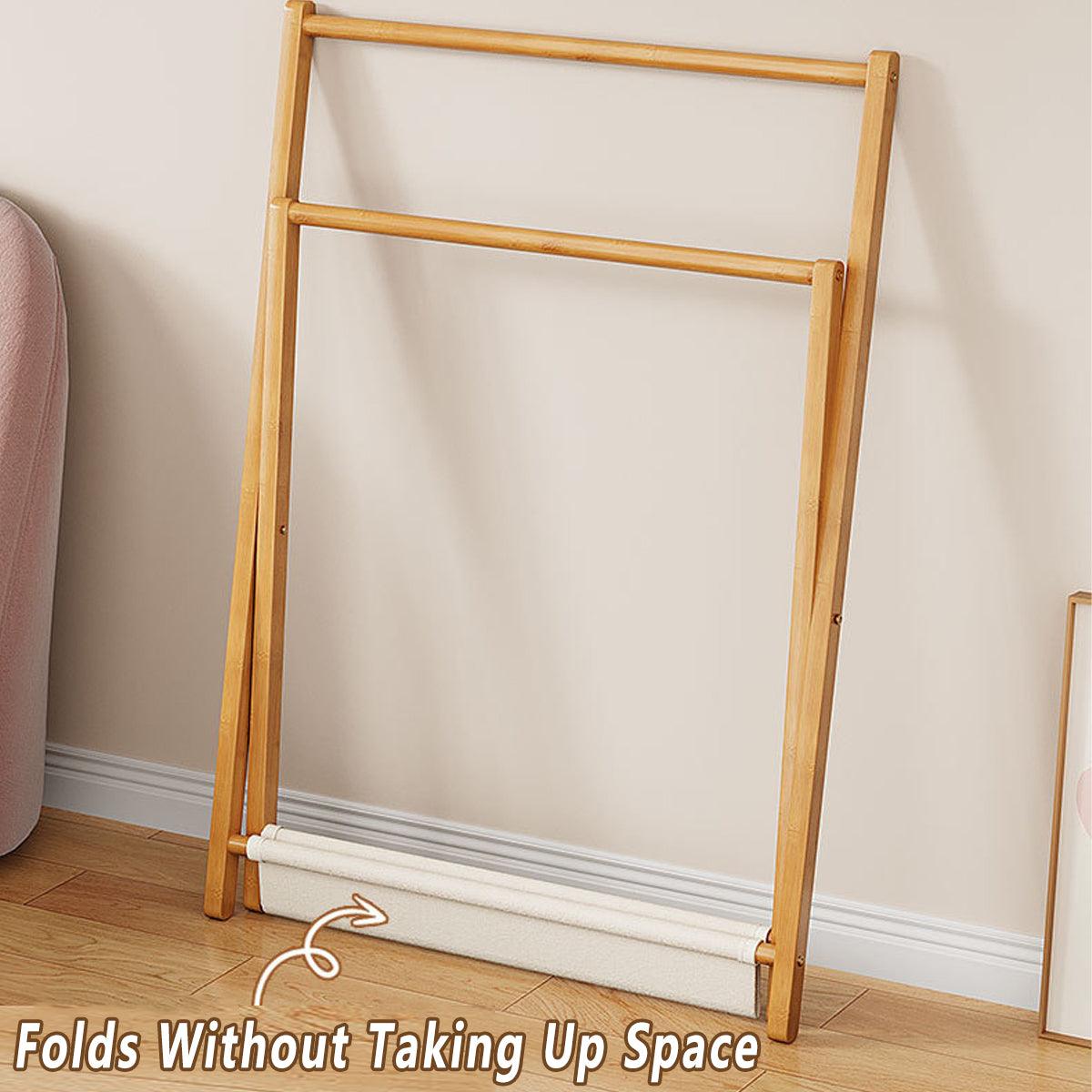 Folding Bamboo Clothes Rack with Fabric Shelf, Freestanding Garment Stand - view 5