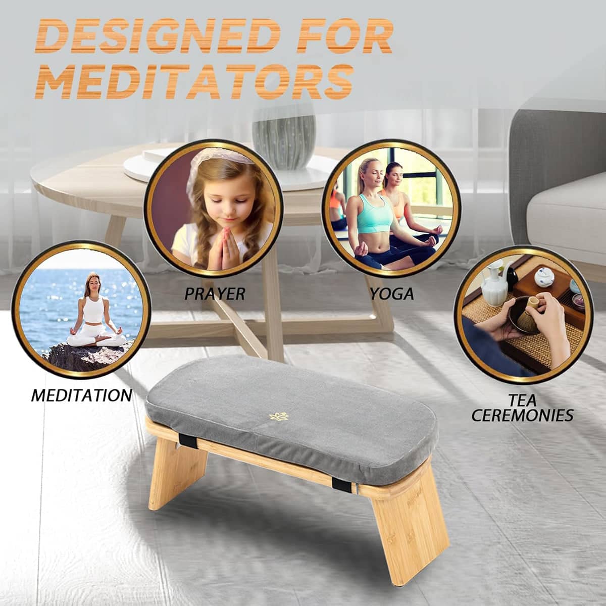 Folding Bamboo Meditation Bench with Velvet Cushion - view 4