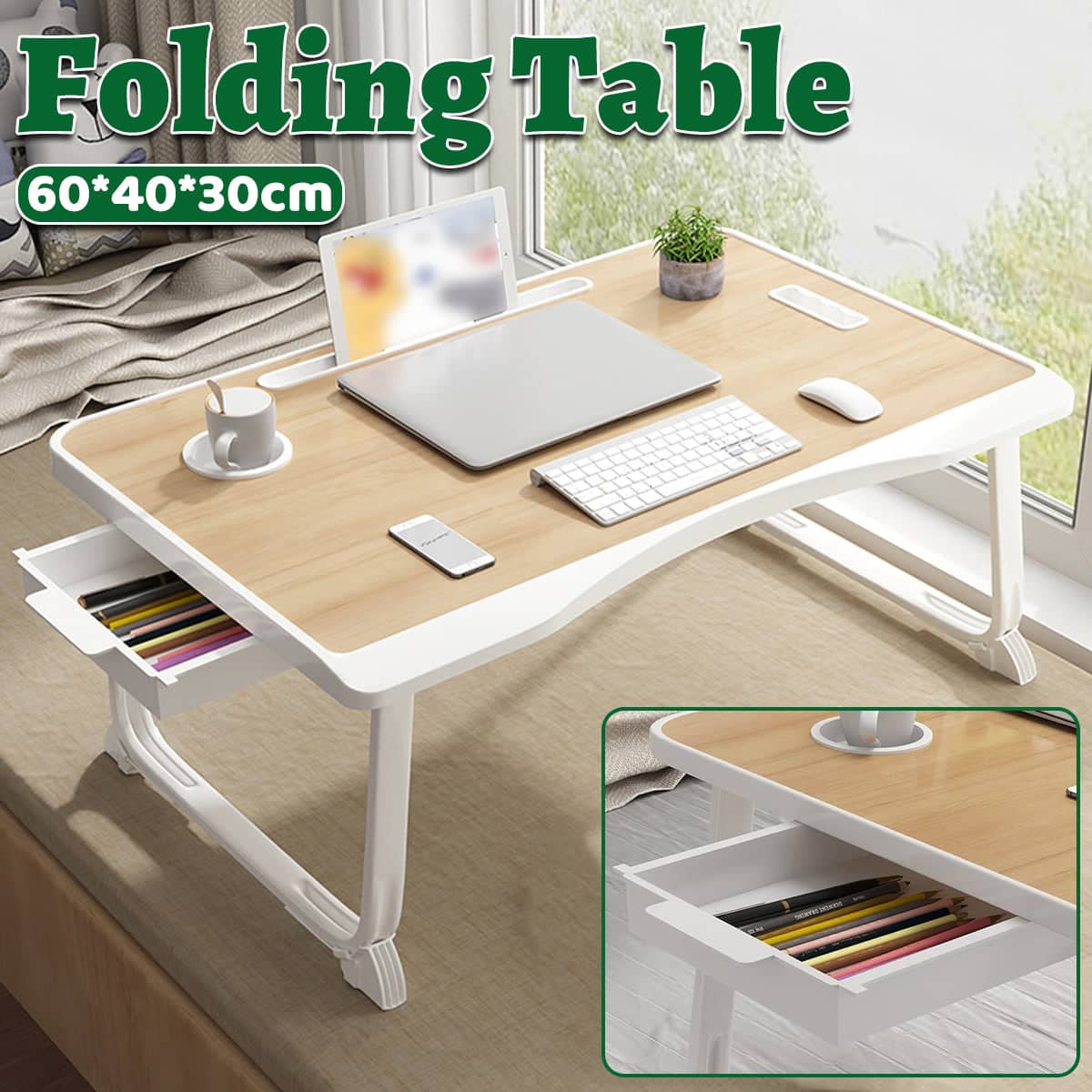 Folding Bed Desk Small Computer Table with Drawer for Student Dorm and Bedroom