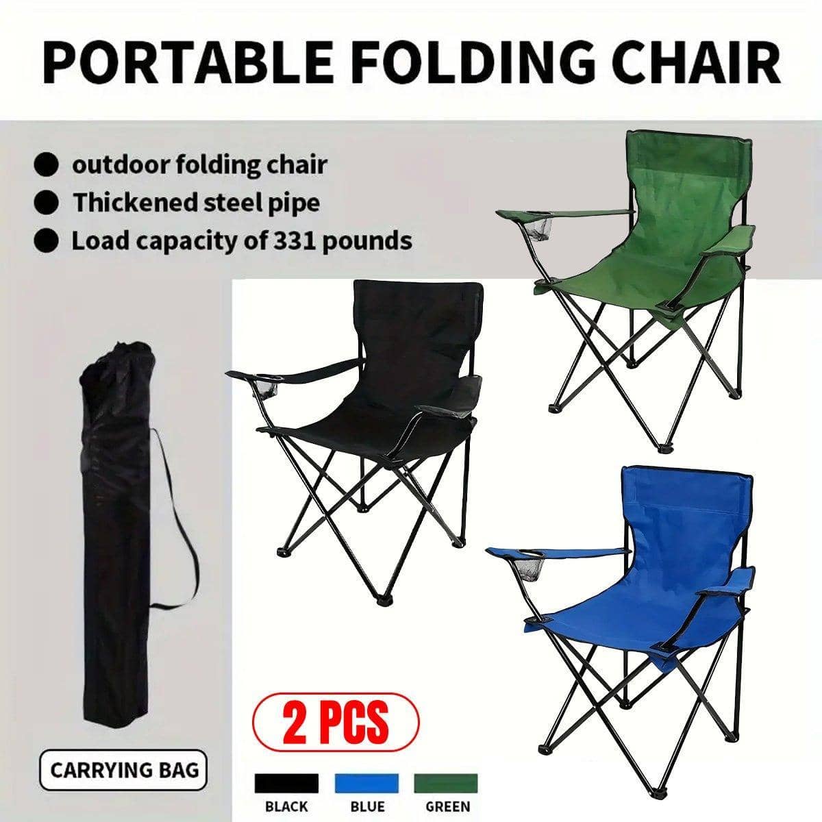 Folding Camping Chair with Armrest and Cup Holder, Portable Outdoor Seat - Black - view 2