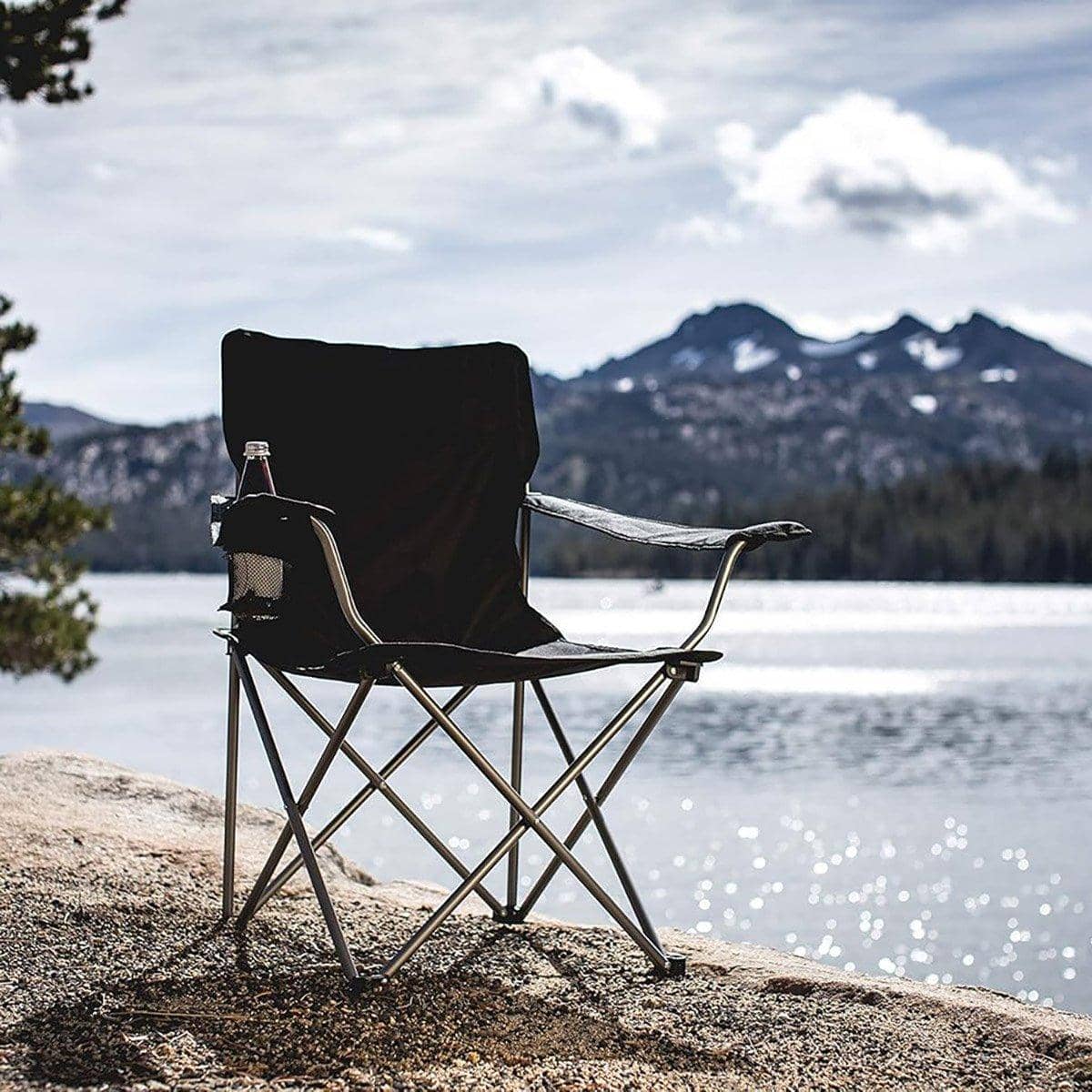 Folding Camping Chair with Armrest and Cup Holder, Portable Outdoor Seat - Black - view 5