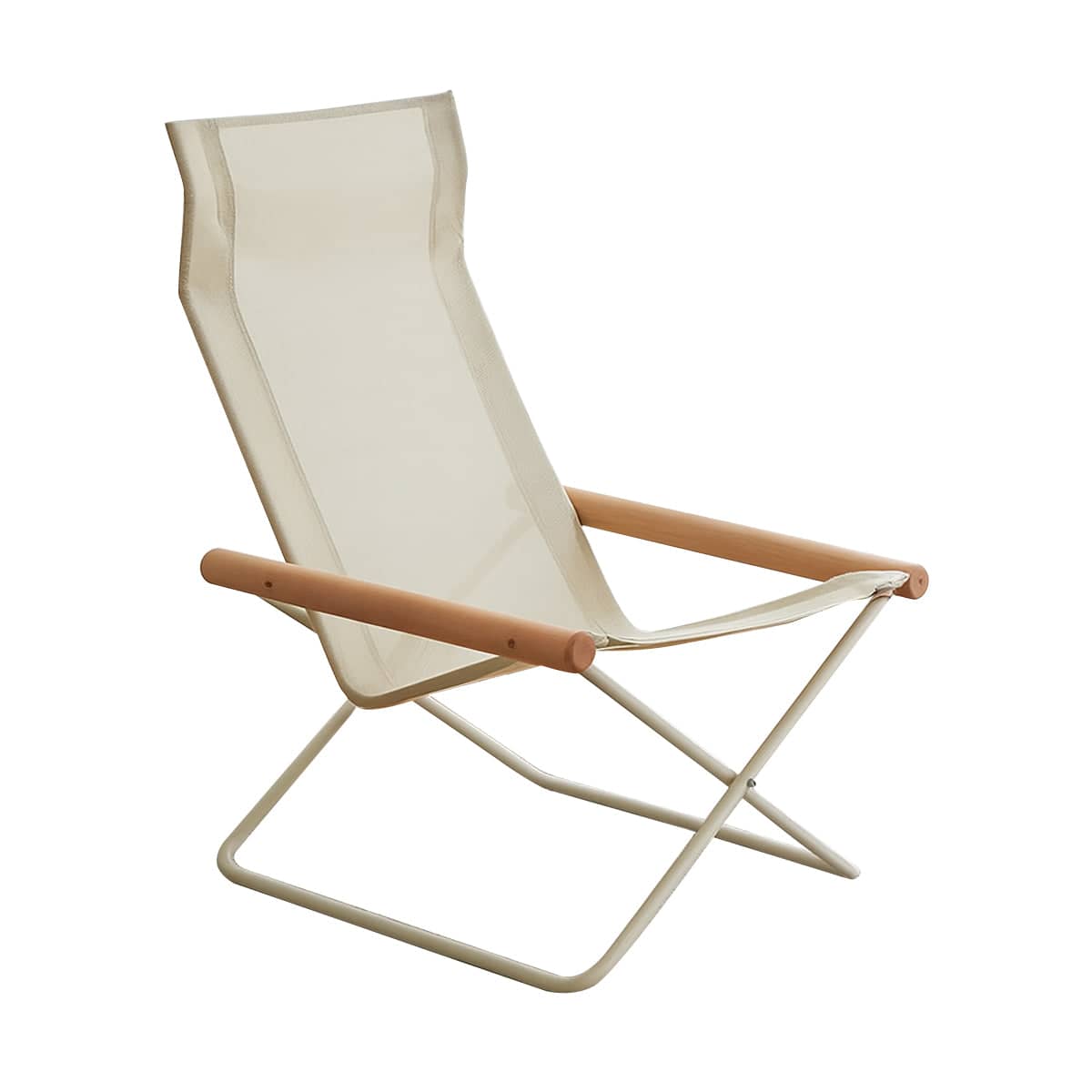 Folding Camping Chair with Solid Wood Armrests, Carbon Steel Frame - Cream