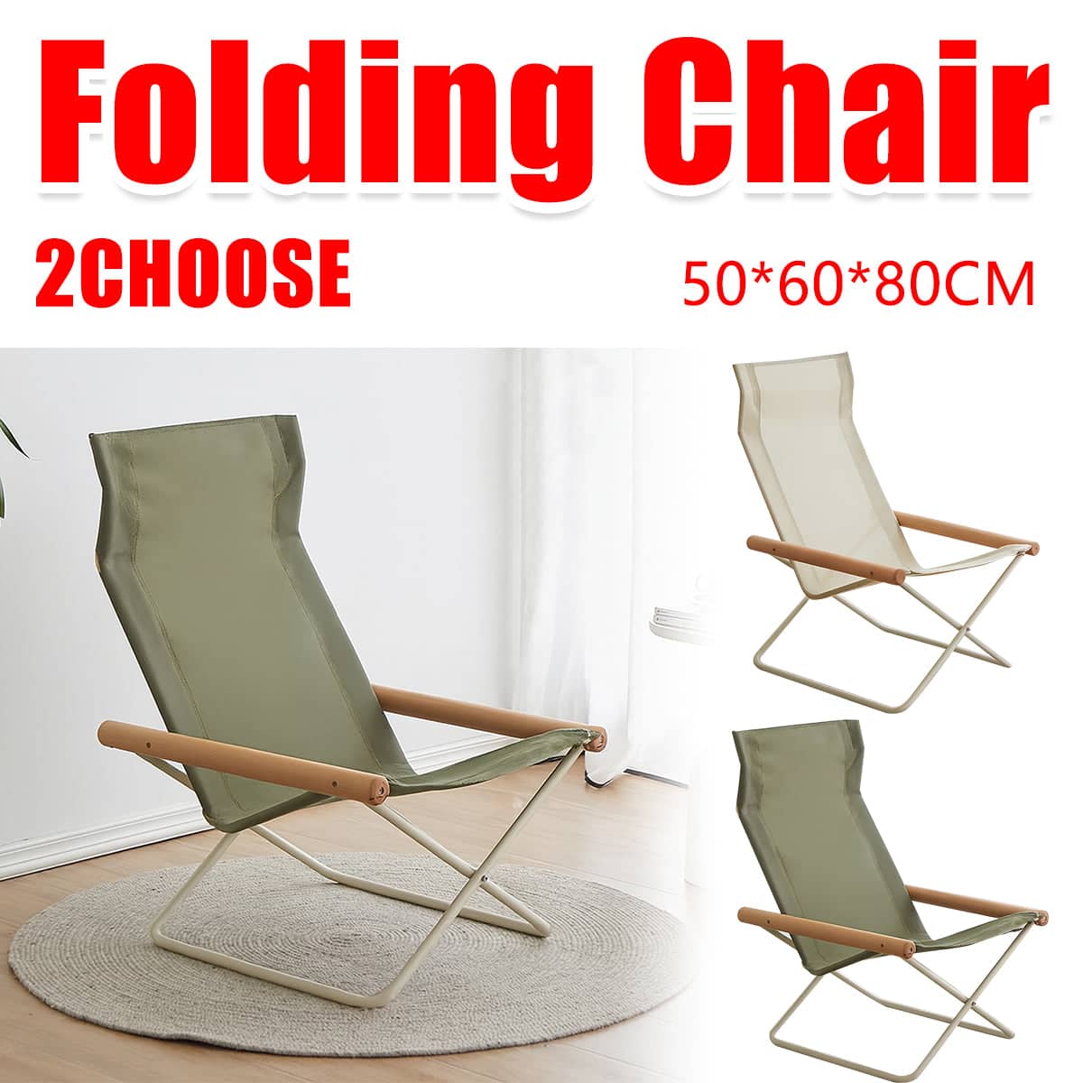Folding Camping Chair with Solid Wood Armrests, Carbon Steel Frame - Cream - view 2
