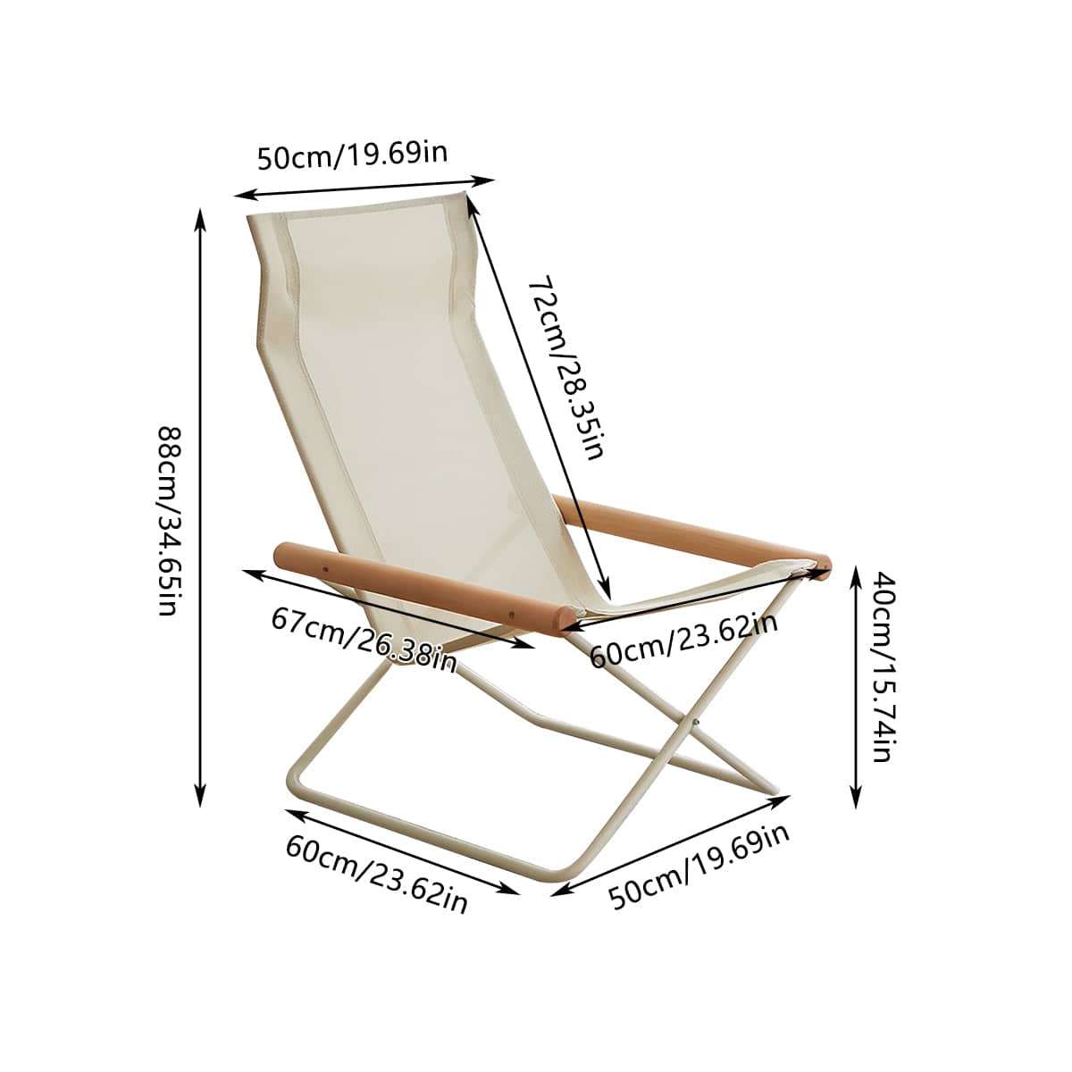 Folding Camping Chair with Solid Wood Armrests, Carbon Steel Frame - Cream - view 4