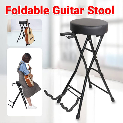 Folding Guitar Stool with Built-In Guitar Stand and Footrest - Black
