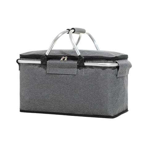 Folding Insulated Picnic Basket Cooler Bag with Aluminium Frame - Grey