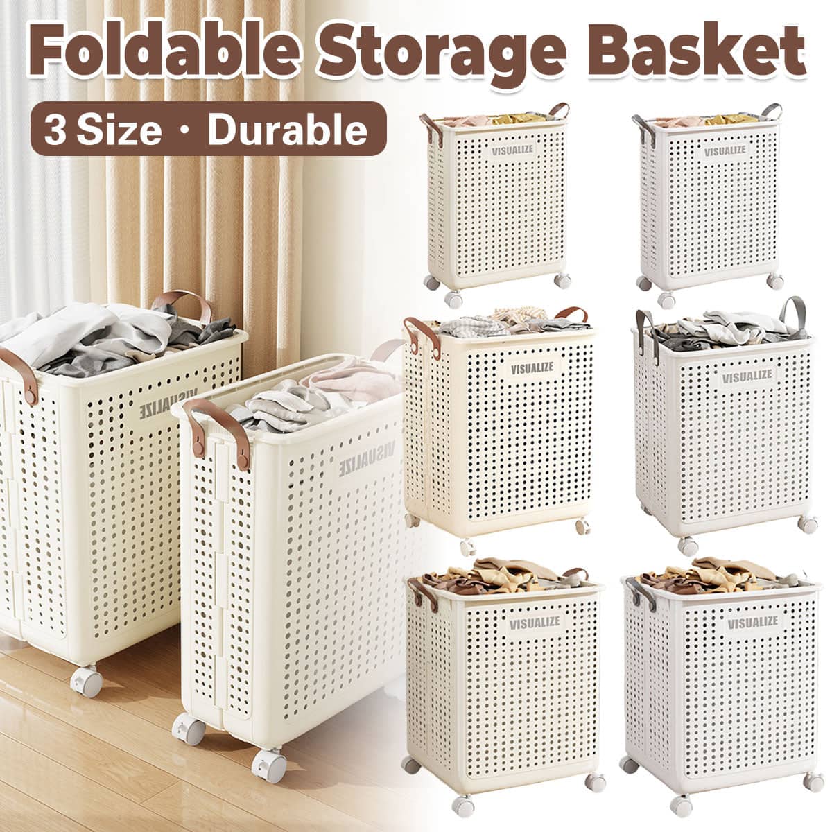 Folding Laundry Basket with Wheels - Large (37.7 x 31 x 50 cm), White - view 2